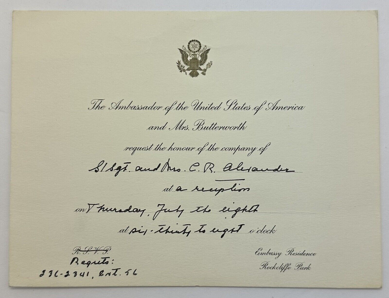 VTG The Ambassador Of The United States Of America Reception Request Card