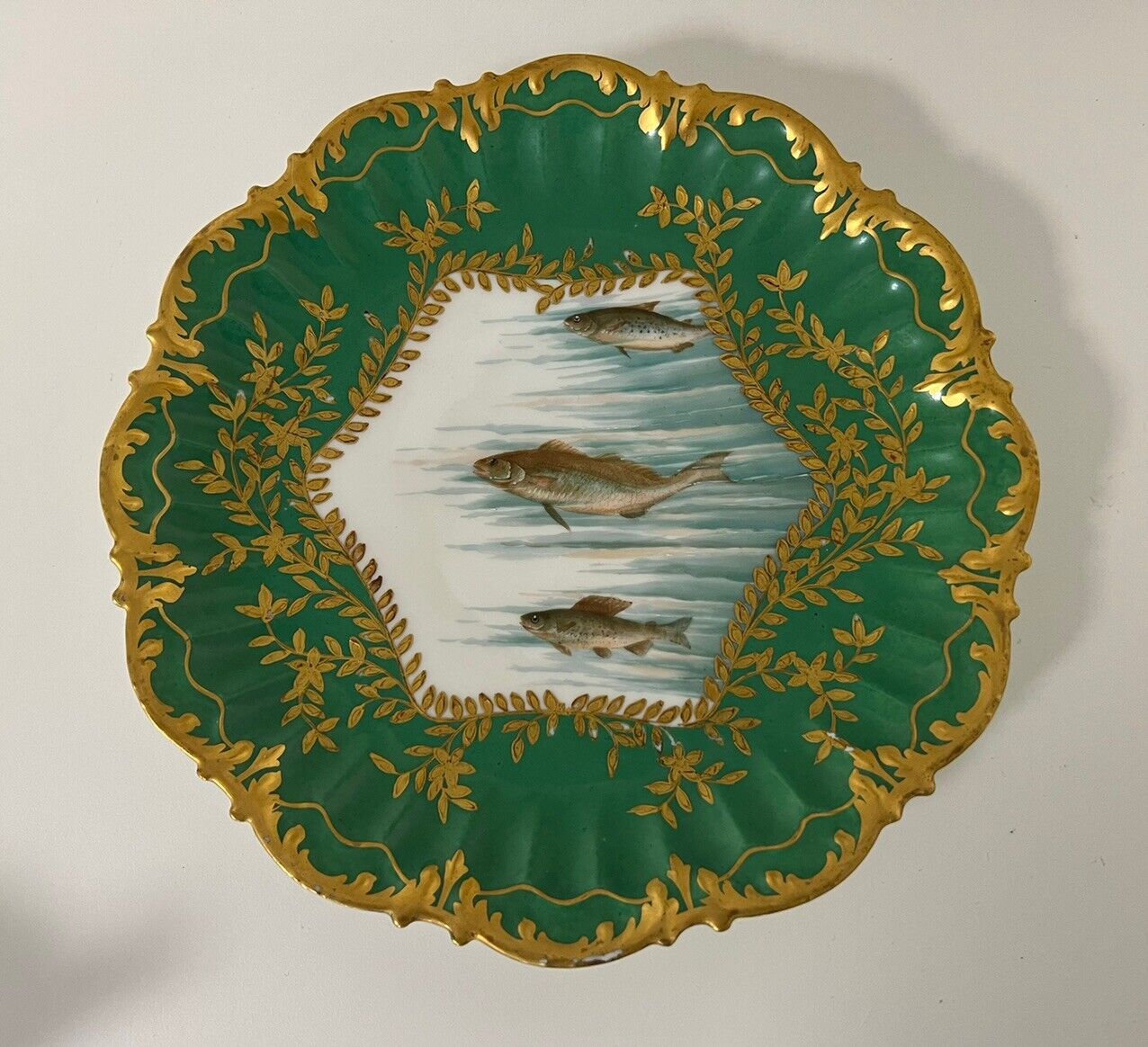 Antique Hand painted T&V Limoges Fish Plate Swimming Wide Green Gold Border 9.25
