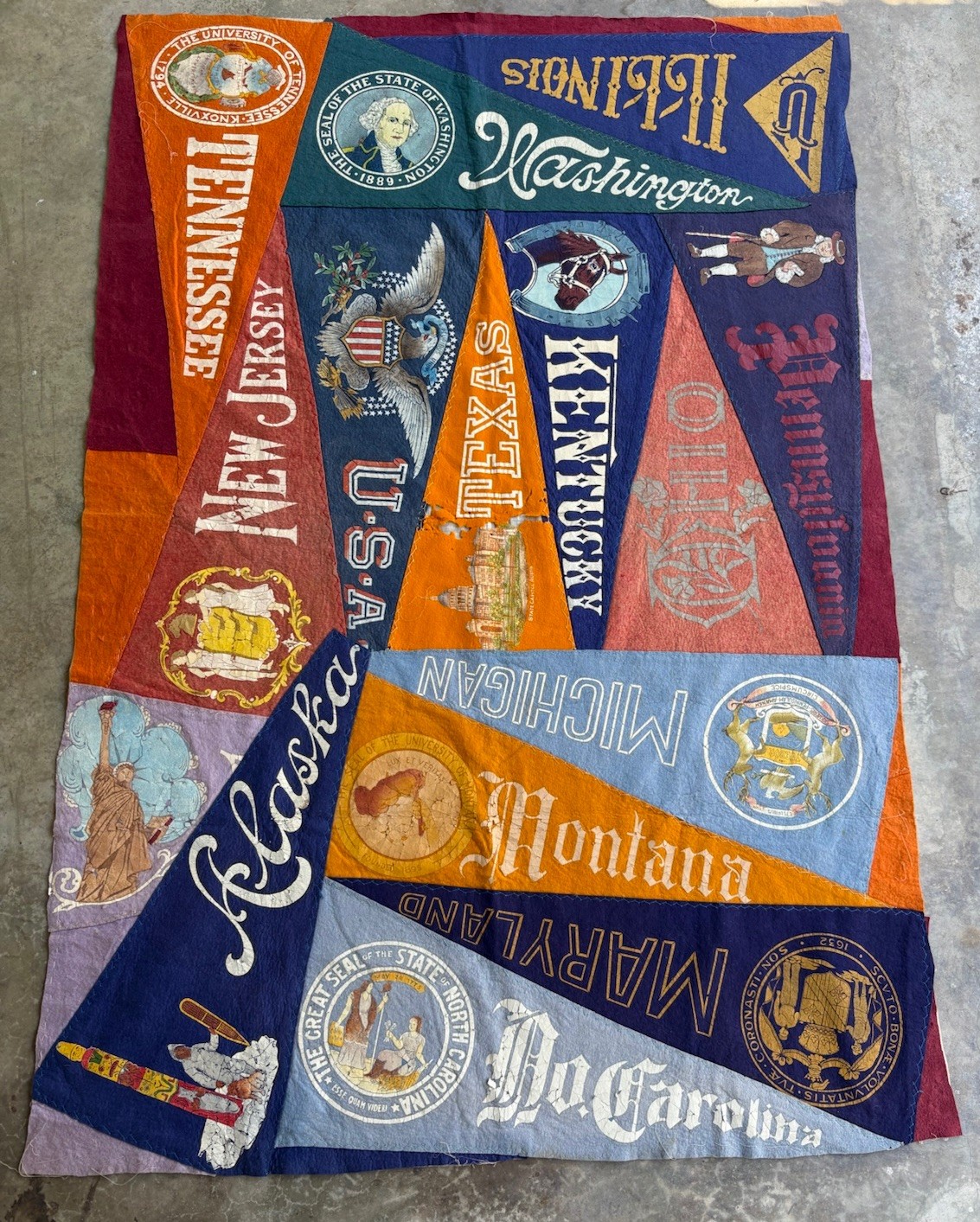 Early 1900s Univ. Of Illinois Felt Pennant Blanket w/ Other Pennants. 4ft X 70”