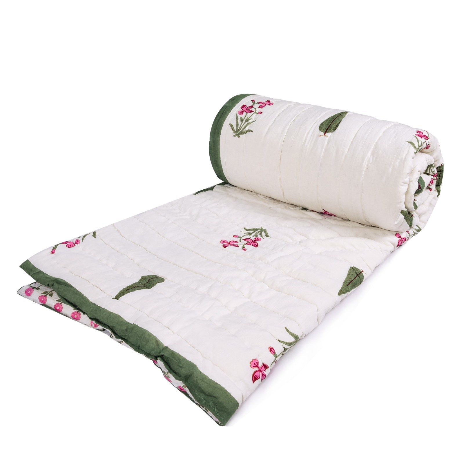 Handblock Print Jaipuri Razai Traditional Handmade Floral Cotton Quilt Bedspread