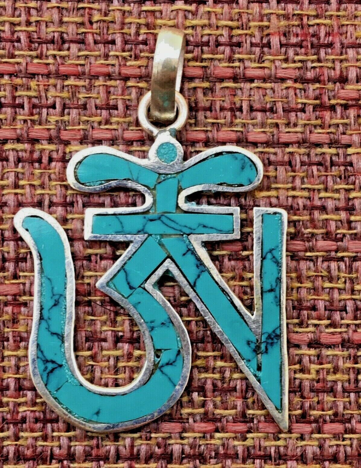 Tibetan Om Pendant w 925 Sterling Silver & Inlaid Turquoise for Dharma  in Nepal