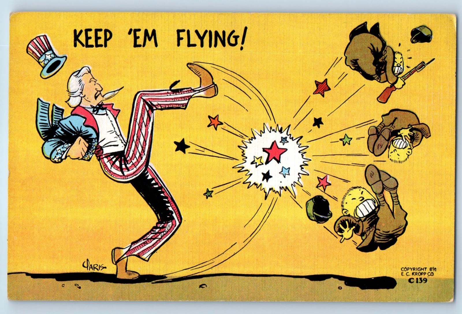 c1930\'s Uncle Sam Kicked Japanese Soldiers Keep Em Flying WWII Vintage Postcard c1930\'s Uncle Sam Kicked Japanese Soldiers Keep Em Flying WWII Vintage Postcard