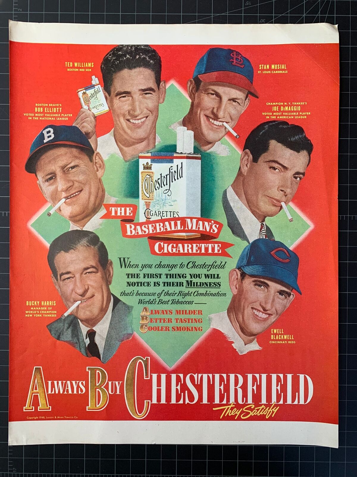 Rare Vintage 1948 Chesterfield Cigarettes Print Ad - Baseball Stars - Ted