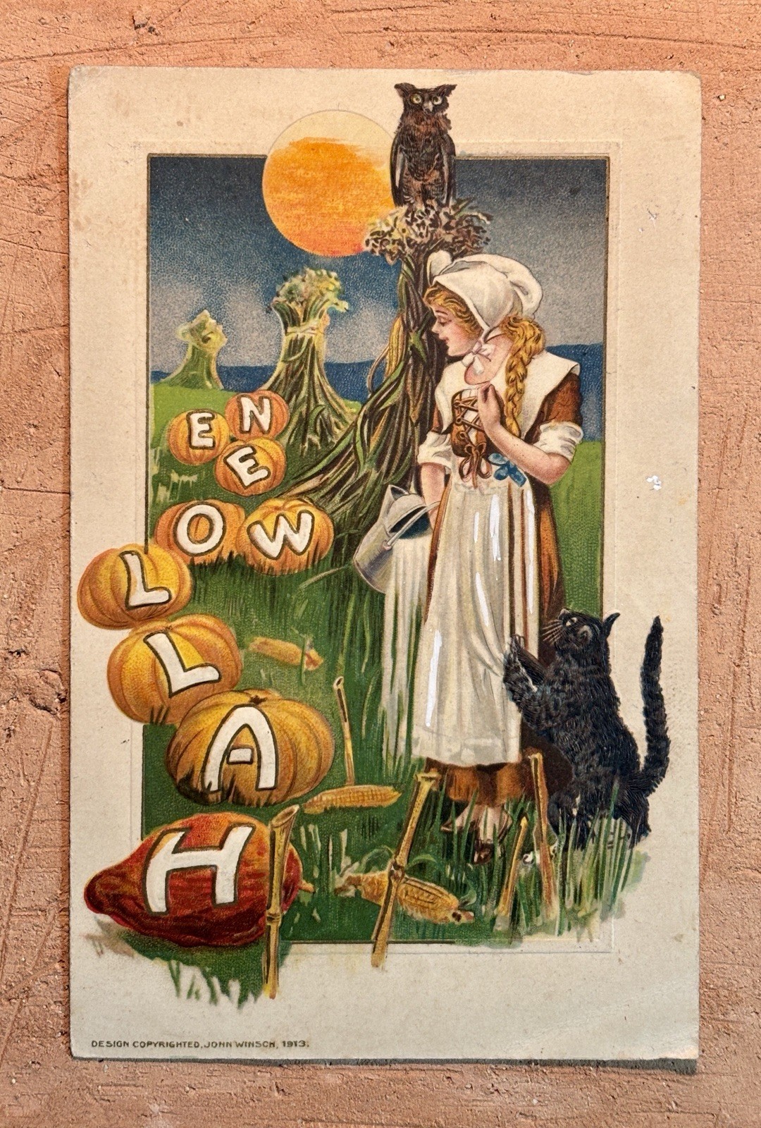 Antique Halloween Postcard 1913 John Winsch Black Cat #504 JOL FULL MOON
