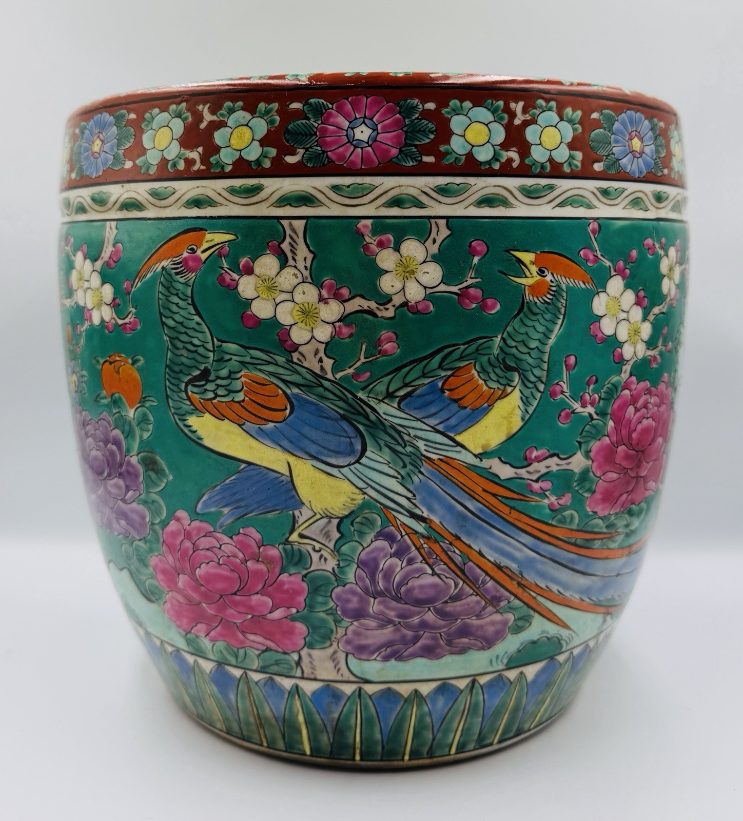 Antique c1930 Japanese Porcelain Jardiniere Planter Birds Flowers 10” Made Japan
