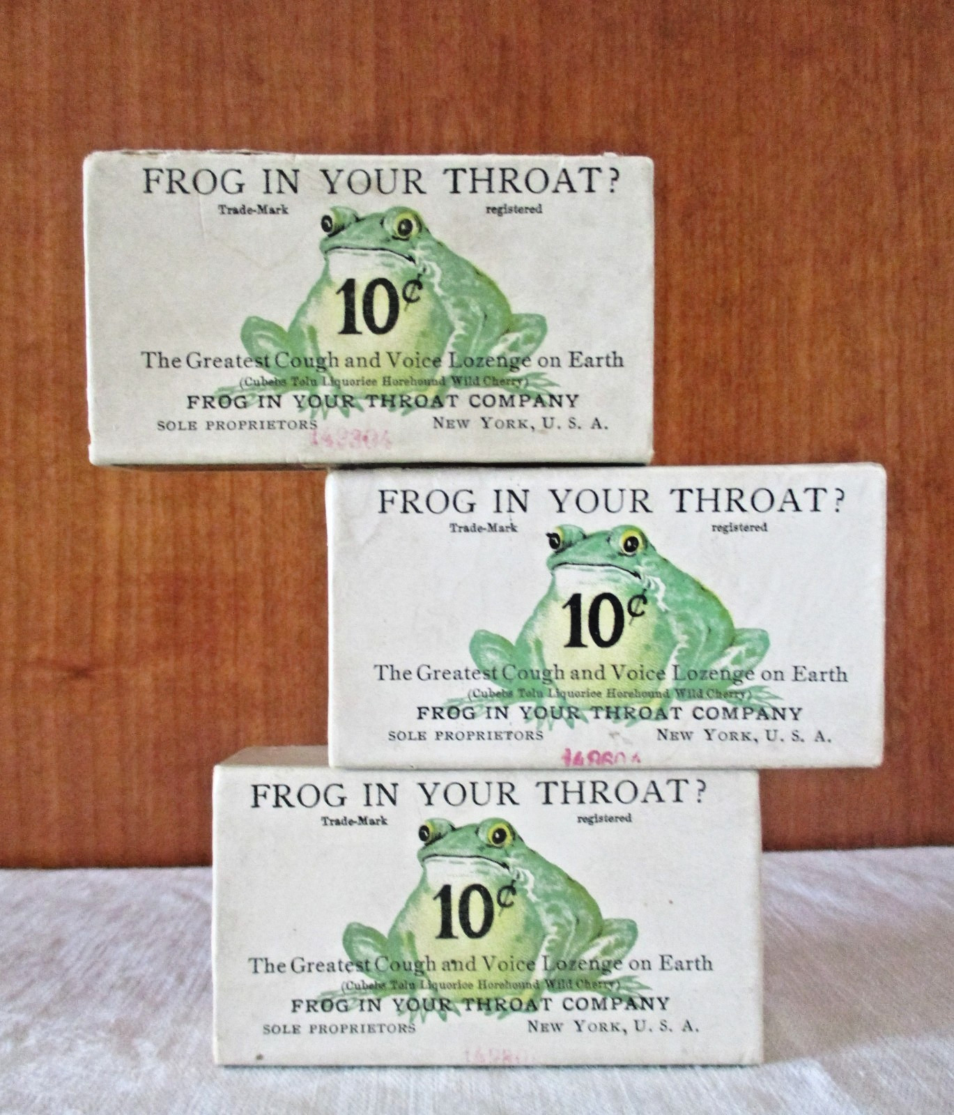 3 Antique Frog In Your Throat Lozenges Boxes