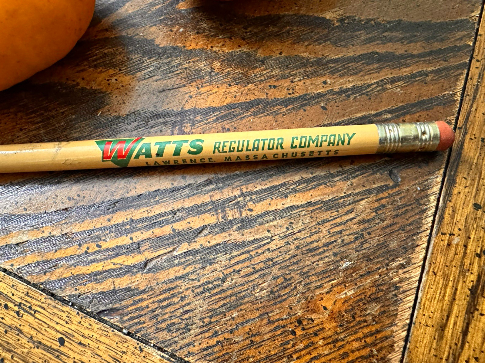 Vtg Watts Regulator Company Advertising Pencil with Eraser - Yellow Green Red