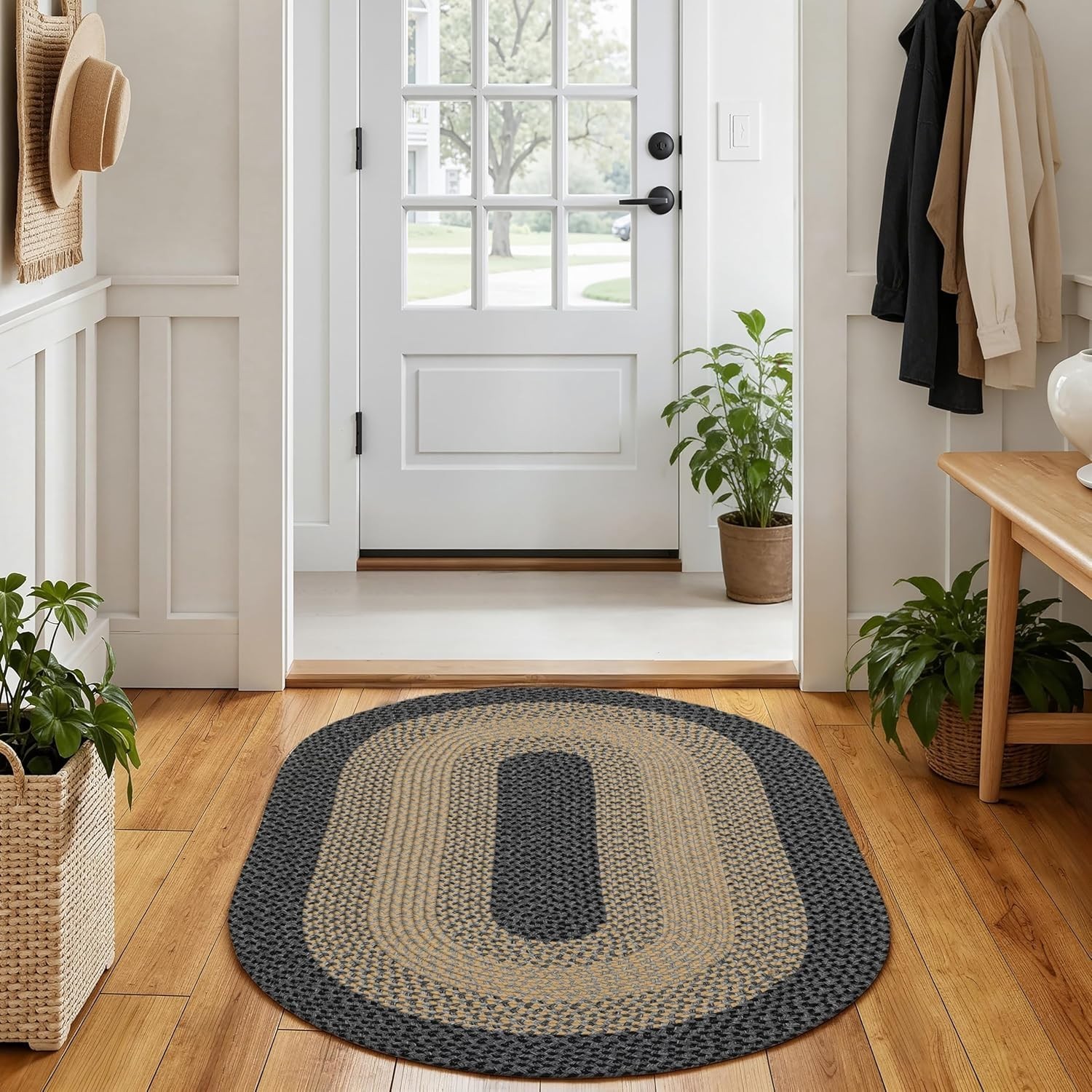 3x5 Oval Braided Rug Farmhouse Anti-Slip Door Mat Brown Black