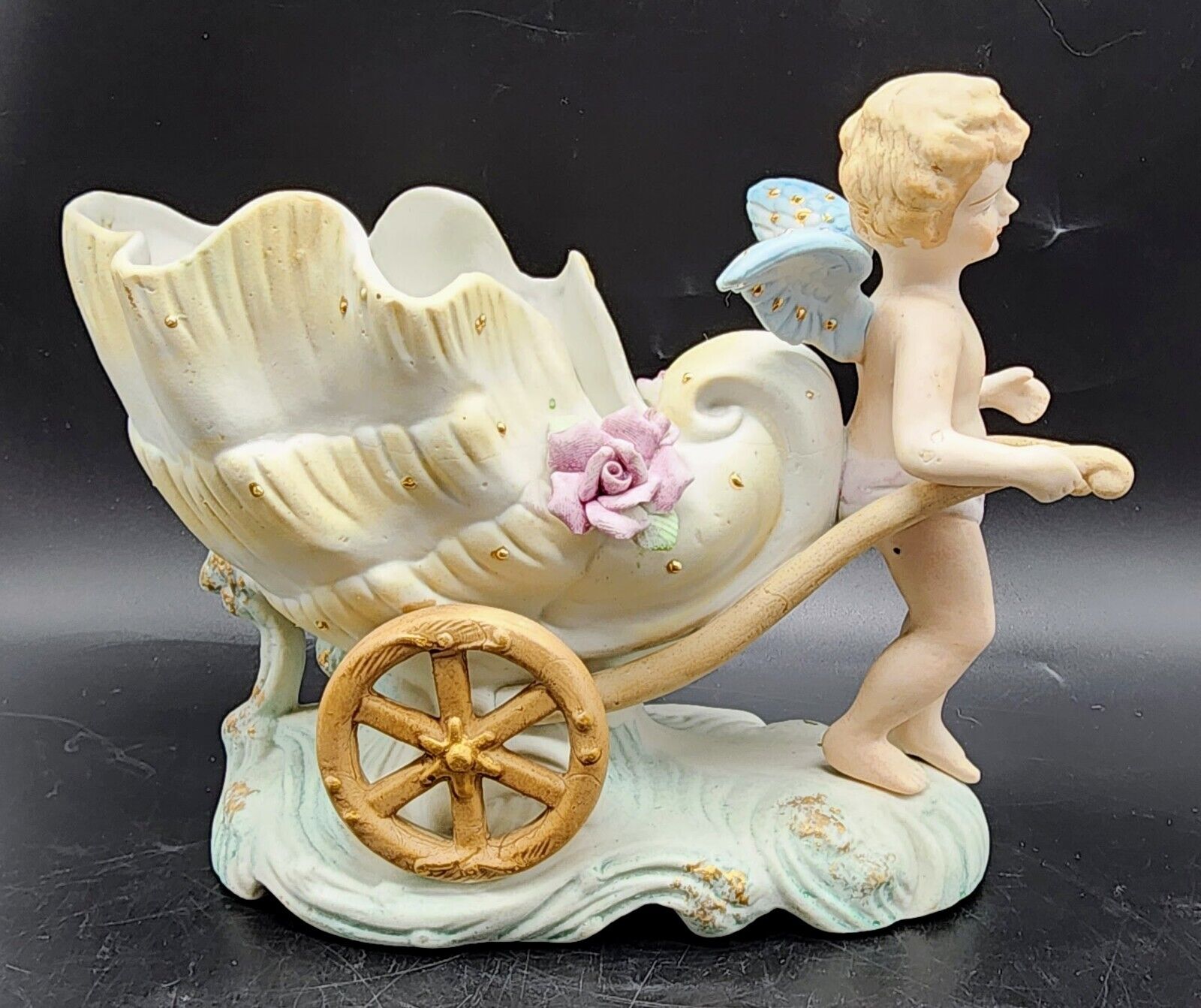 Vintage Cherub Planter Figurine Porcelain Bisque Wagon Shell Nautical Japan
