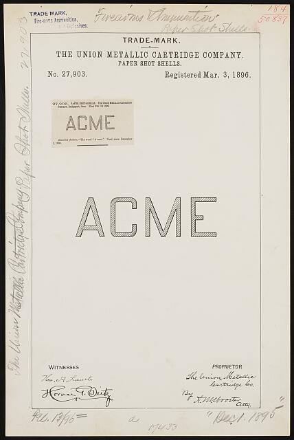 Union Metallic Cartridge Company ACME Paper Shot Shells Trademark 1896