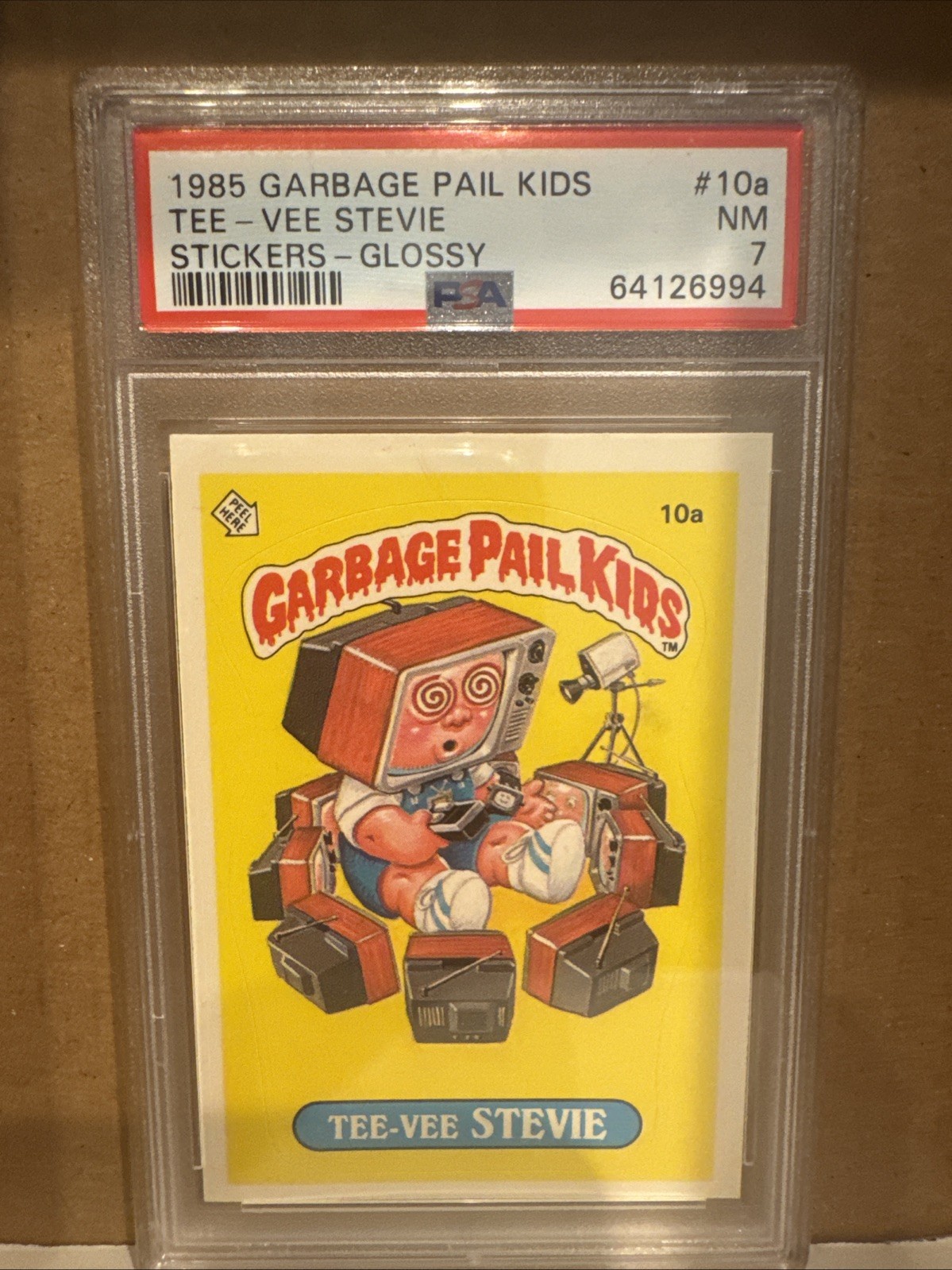 Topps 1985 Garbage Pail Kids Tee-Vee Stevie #10a GLOSSY PSA 7 Sticker 