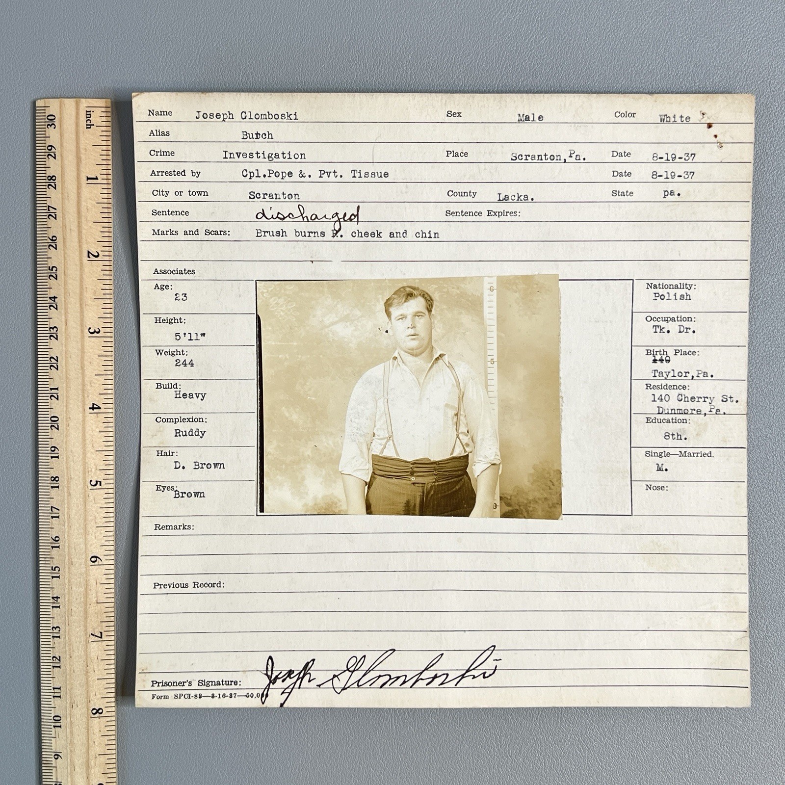 Vtg 1937 PA Motor Police Mugshot Fingerprint Card Scranton Trucker Butch Penn