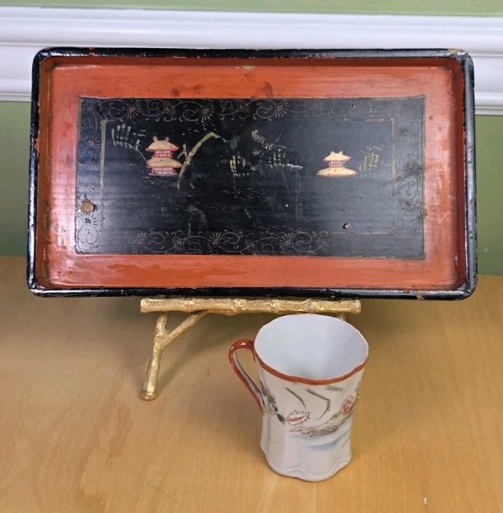Vintage 3-Piece Asian Display Set: Lacquer Pagoda Tray, Geisha Cup, Gilt Easel