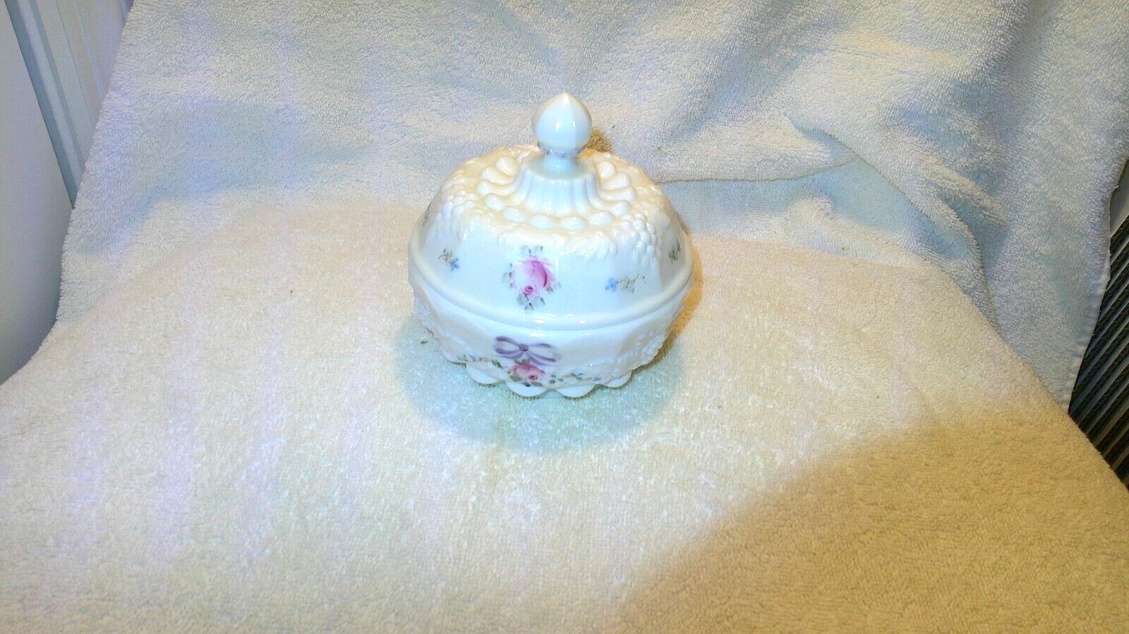 WESTMORELAND LOW FOOTED CANDY DISH WITH LID  HAND DECORATED  APPROX. 5\