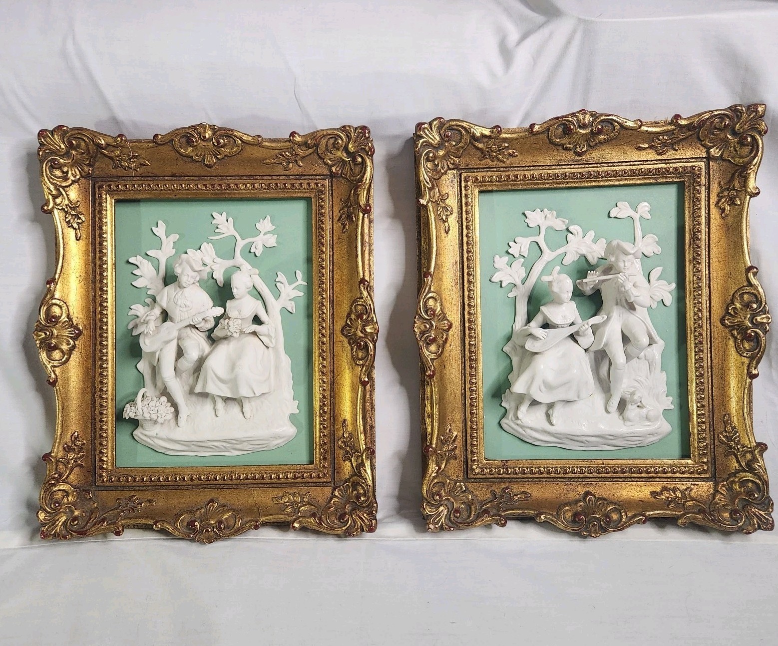 Vintage Friedrich Wessel Frankenthal German Porcelain Bisque 3D Plaque Set Of 2 