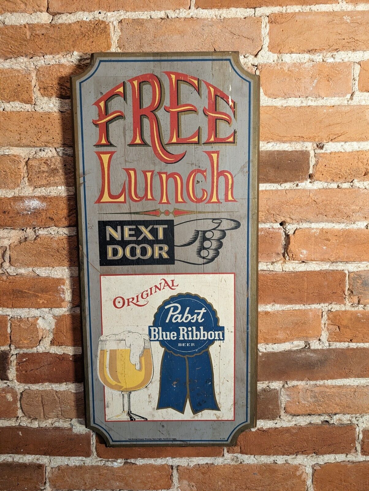 Vintage PABST BLUE RIBBON BEER Wood Sign FREE LUNCH NEXT DOOR 23x11