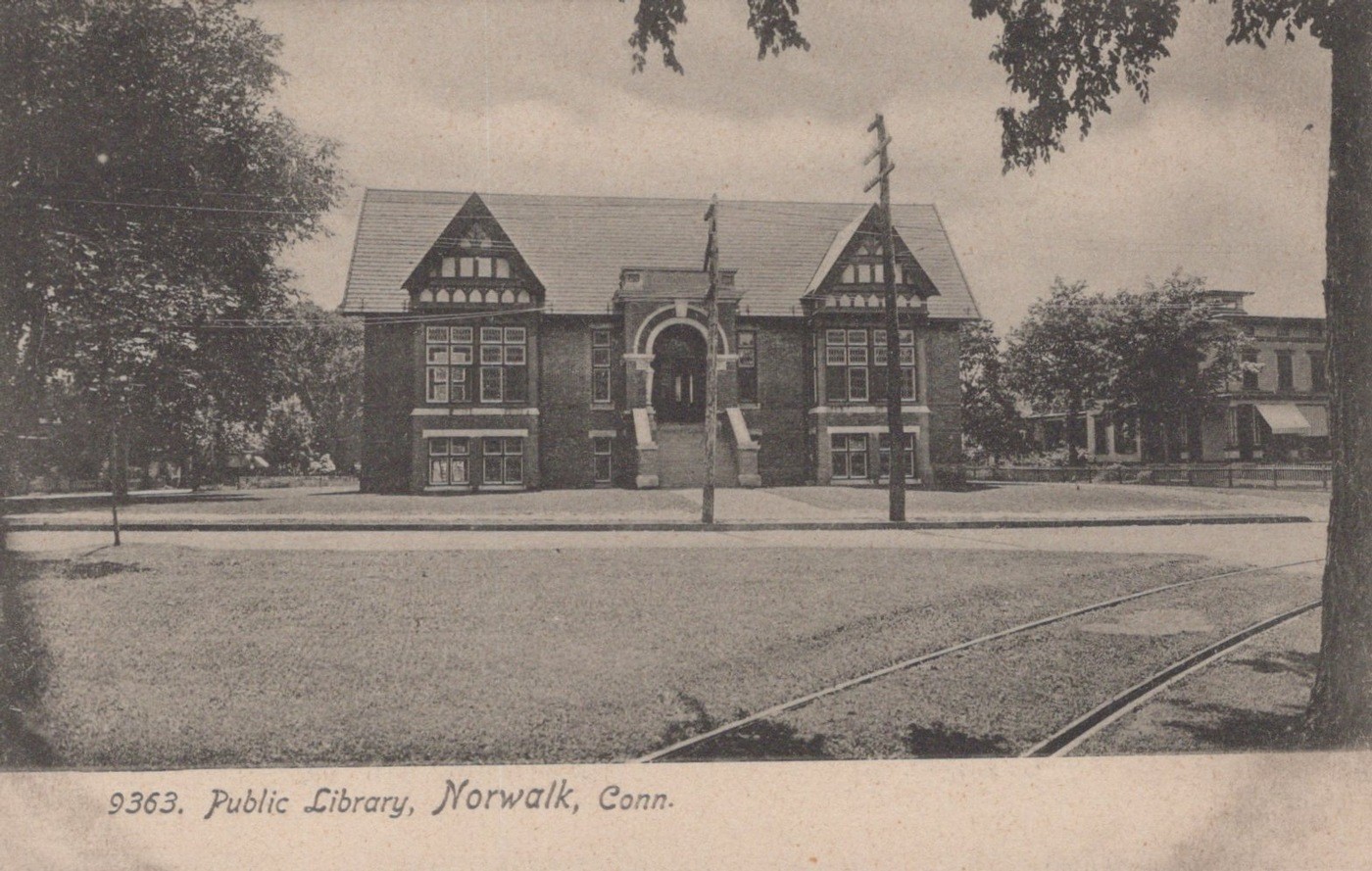Norwalk CT Public Library Streetcar Tracks Antique 1905 - Photo Postcard