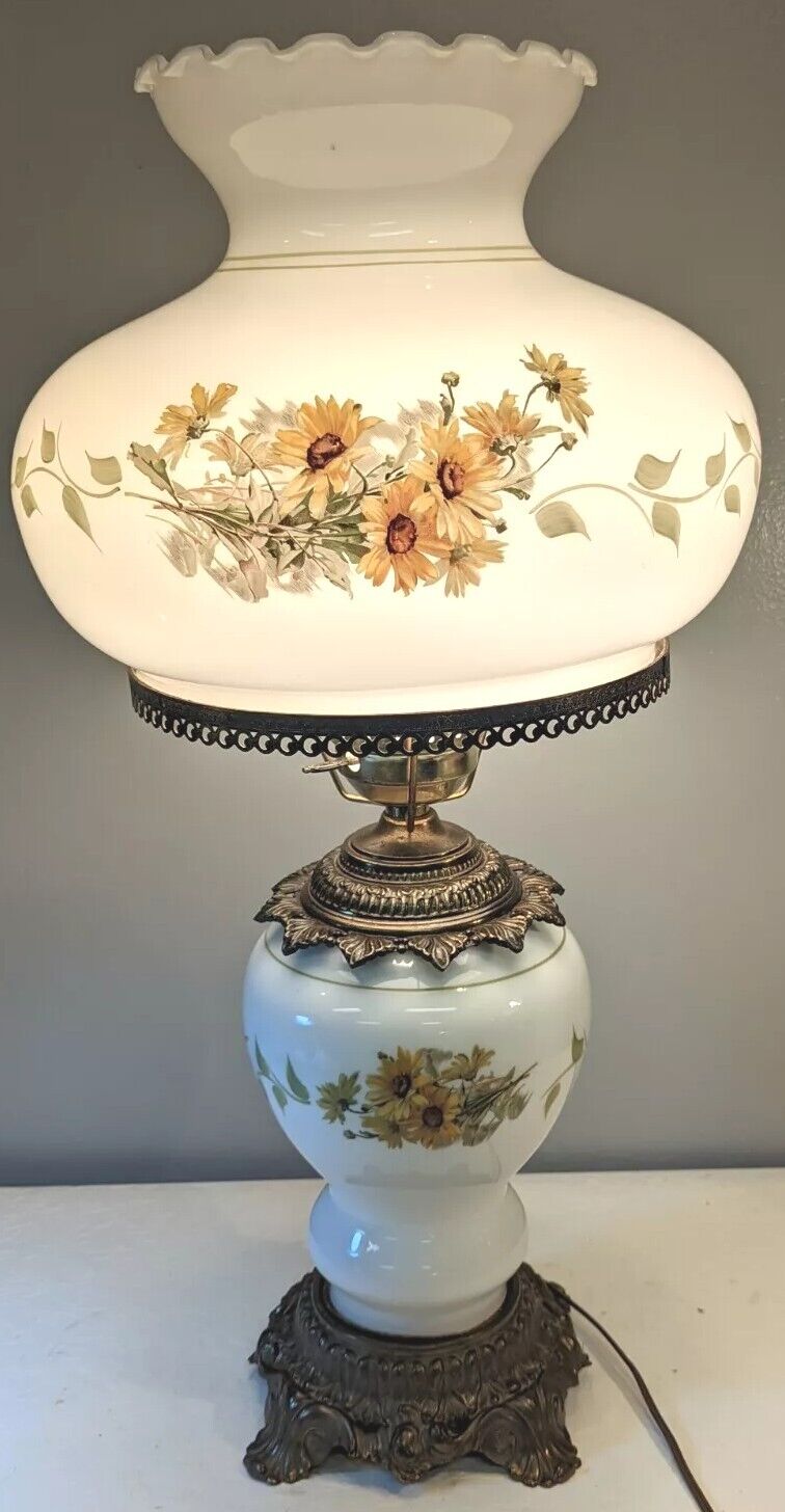 Vtg MCM Hurricane Table Lamp Large Globe Glass Flower Painted White Metal 26x16\