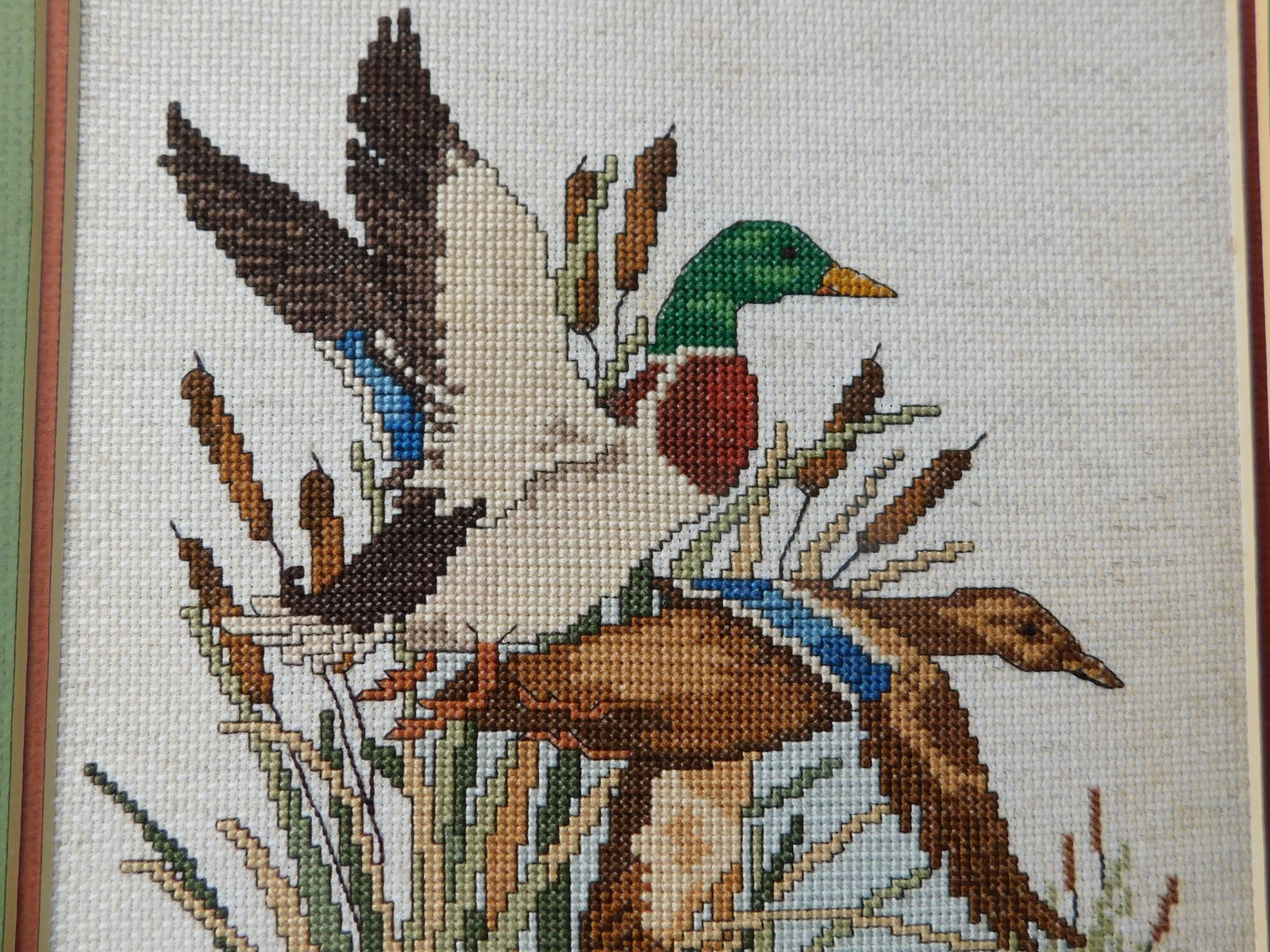 VTG 1986 Mallard Duck Needlepoint Cattails Matted Art Decor Cottagecore Cabin