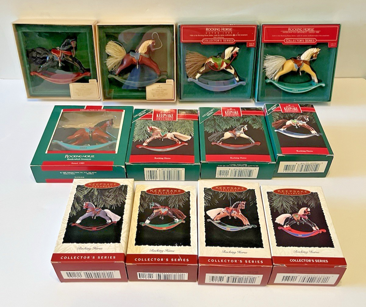 VINTAGE HALLMARK ROCKING HORSE CHRISTMAS ORNAMENTS SET of 12 82-83 85-86 89-96