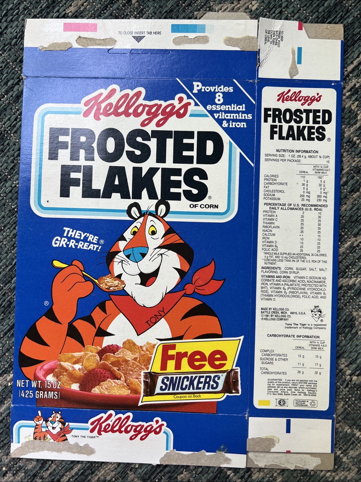 1987 Kellogg’s Frosted Flakes cereal box - FREE SNICKERS Bar promo