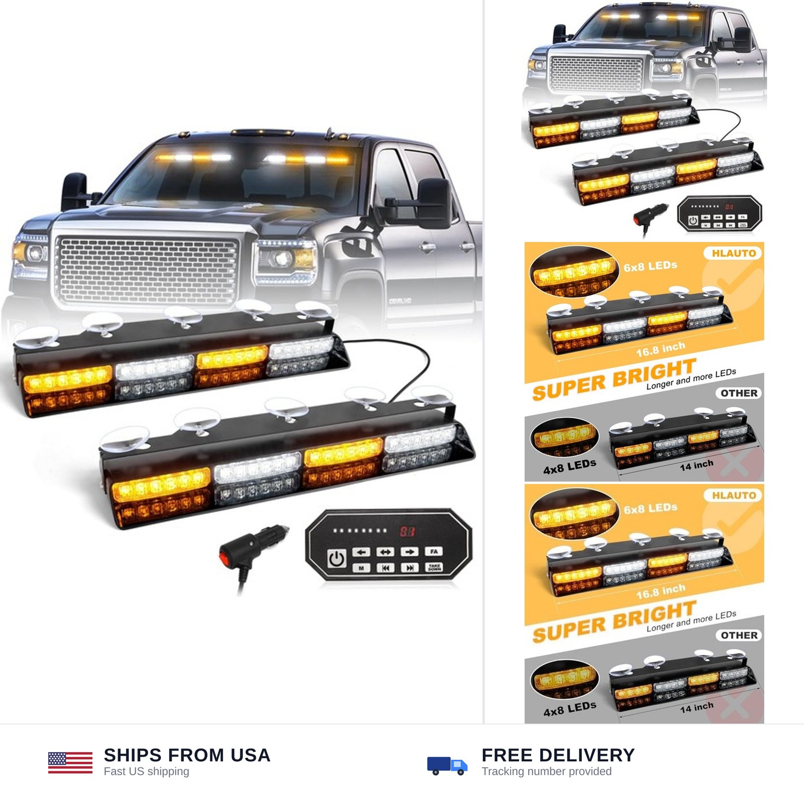 604N Emergency Dash Strobe Lights: 2x16.8 inch Amber White Security