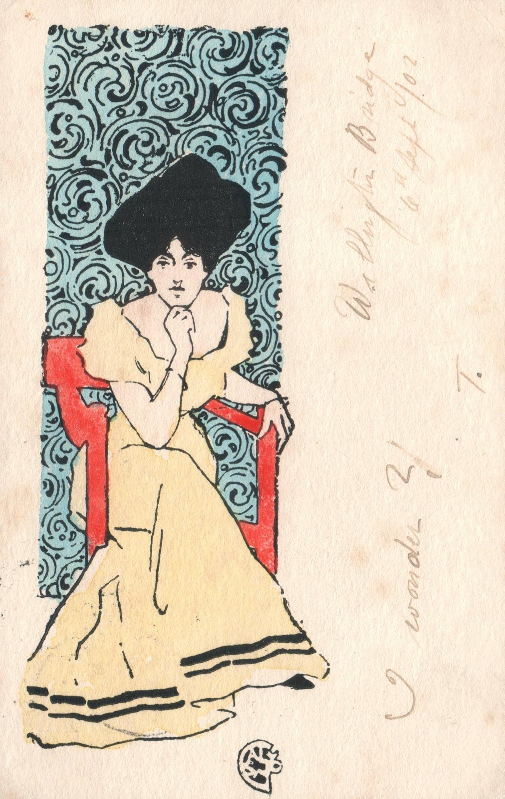 Art Nouveau Glamour Girl Woodblock Print Wexford Ireland Wellington Bridge 1902