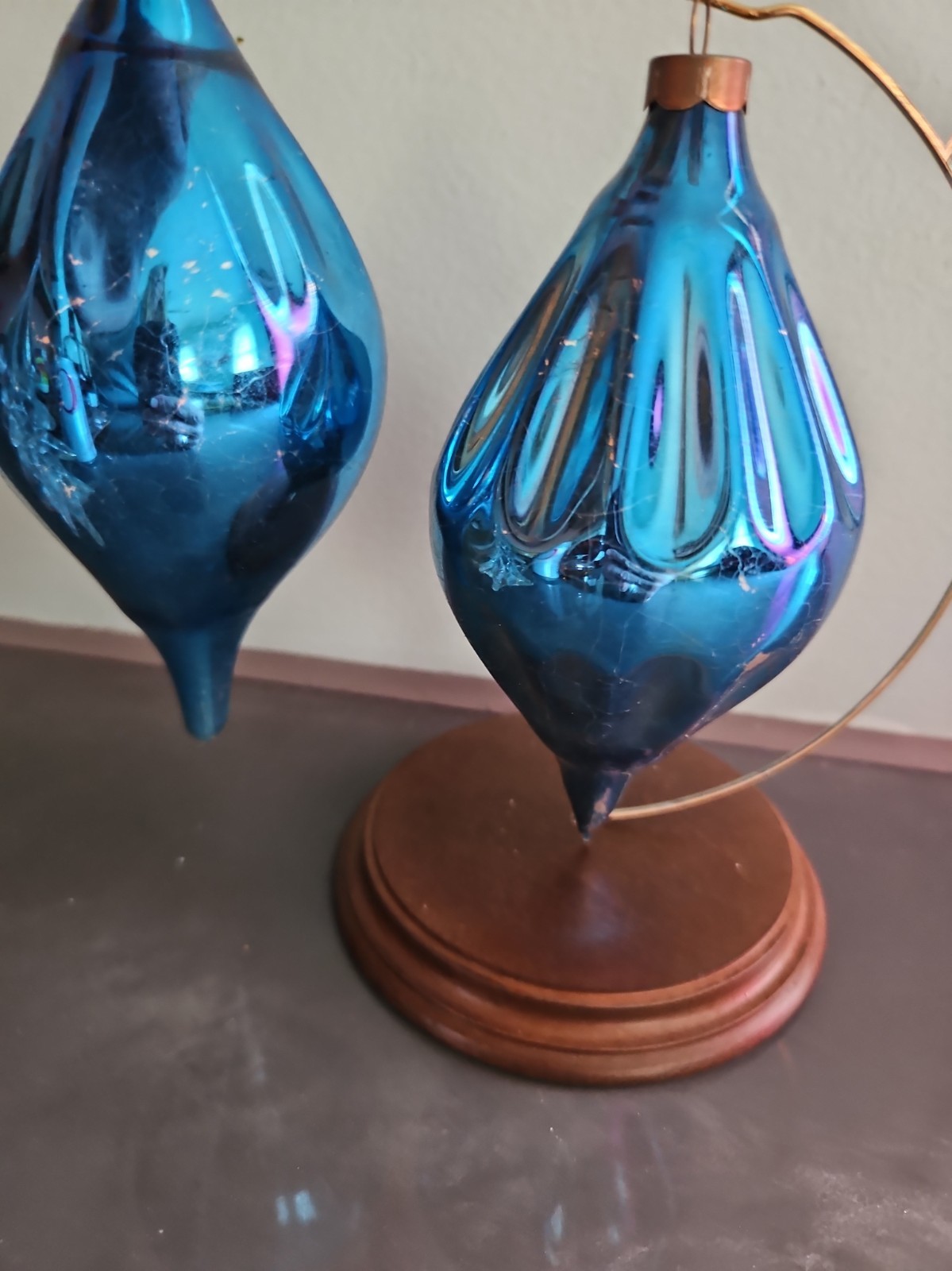2 Vintage Blue Glass Teardrop Heim Christmas Ornament 5”