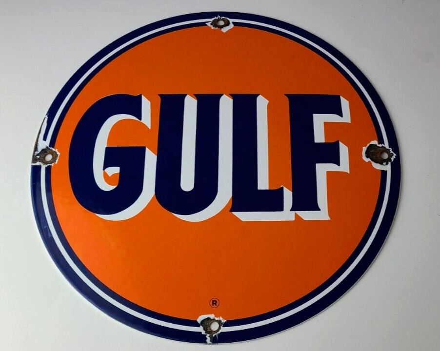 Vintage Gulf Gasoline Sign - Porcelain Enamel Gas Filling Pump Station Sign