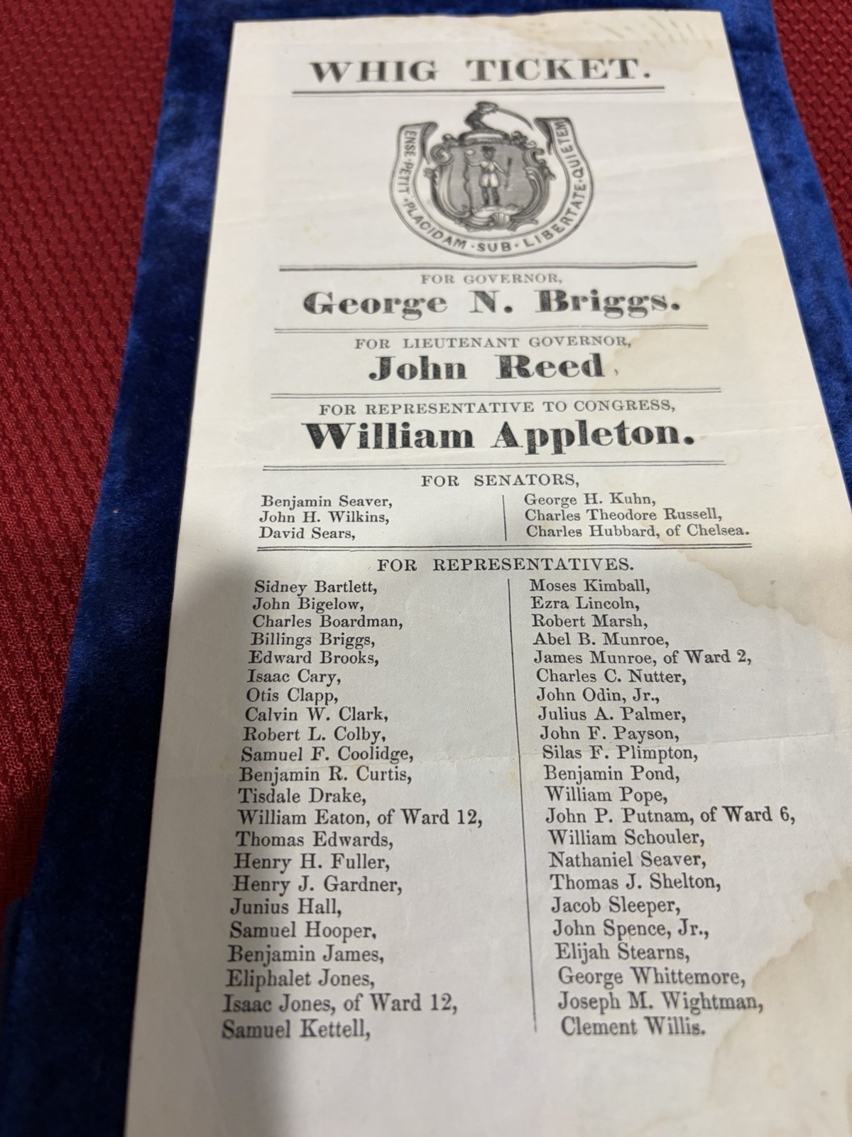 1850 Massachusetts WHIG Party TICKET George Nixon Briggs For Governor. Political
