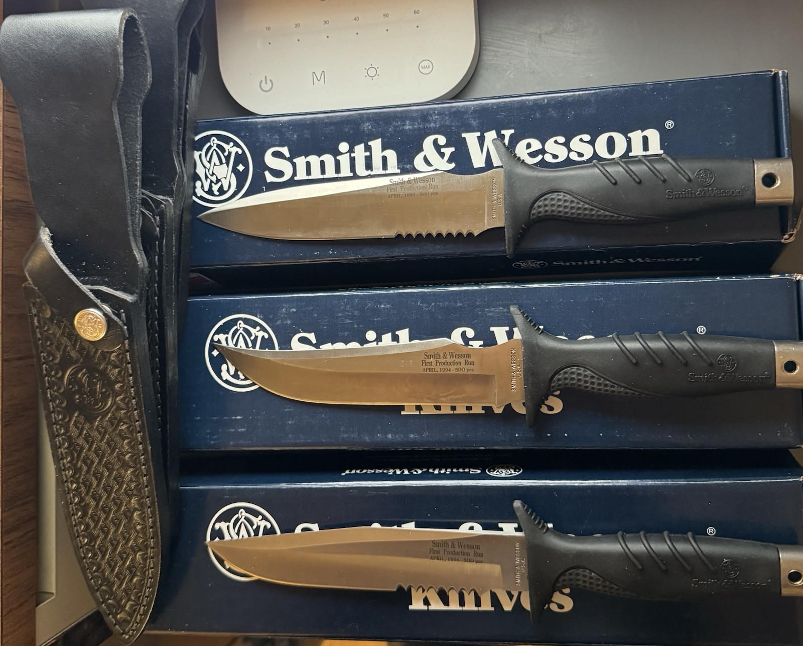 VTG 90s S&W USA Fixed Blade Knife 3pc Set Match Serial 215/500 NIB SW960 970 980