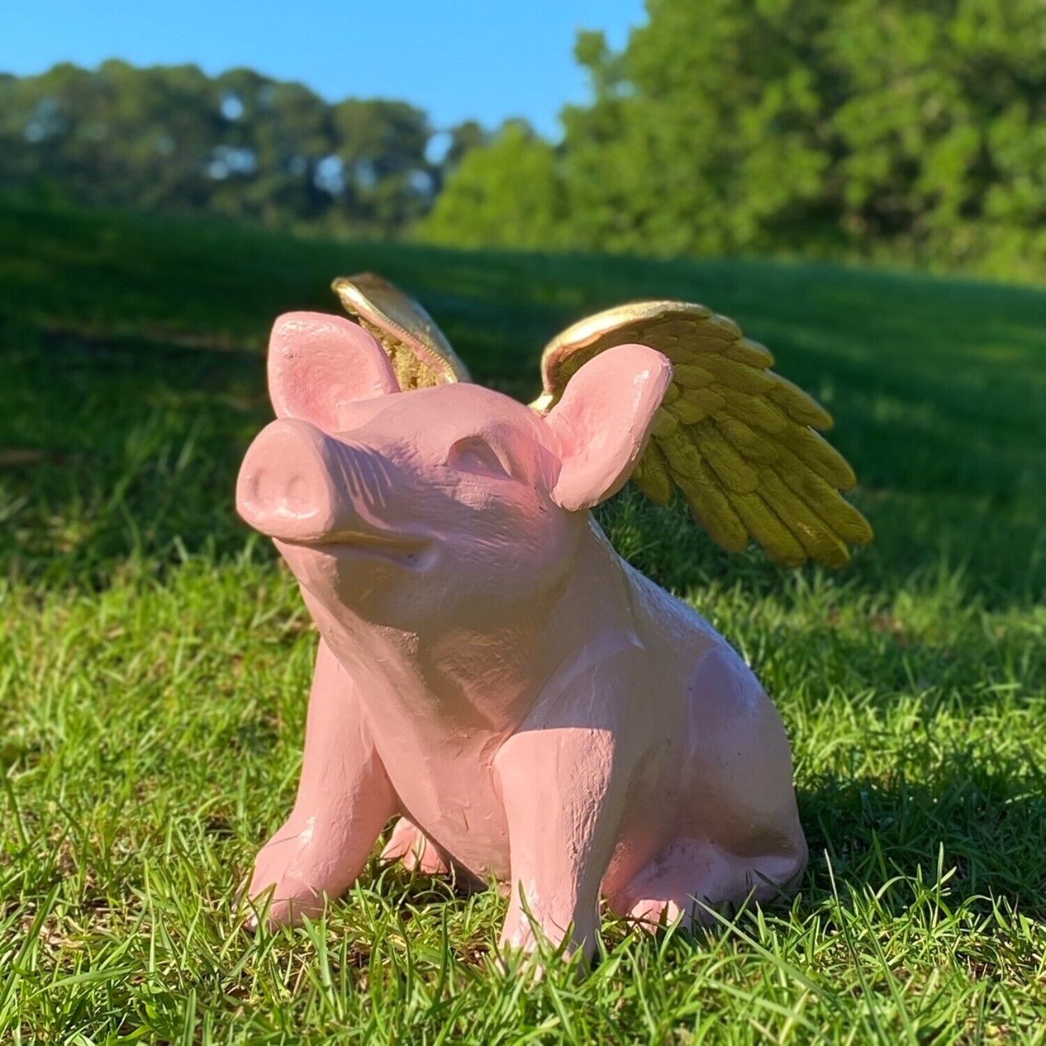 Adorable Pig with Gold Wings Statue in Non Rust Aluminum - When Pigs Fly