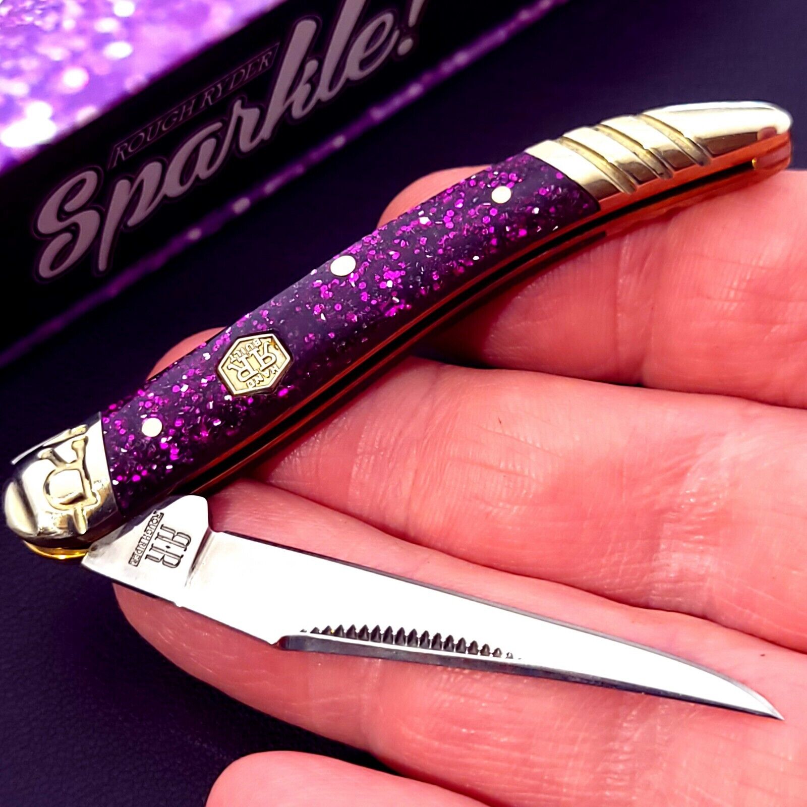 Rough Rider Knife RR2015 Small Texas Toothpick Smooth Purple Glitter Handles NIB