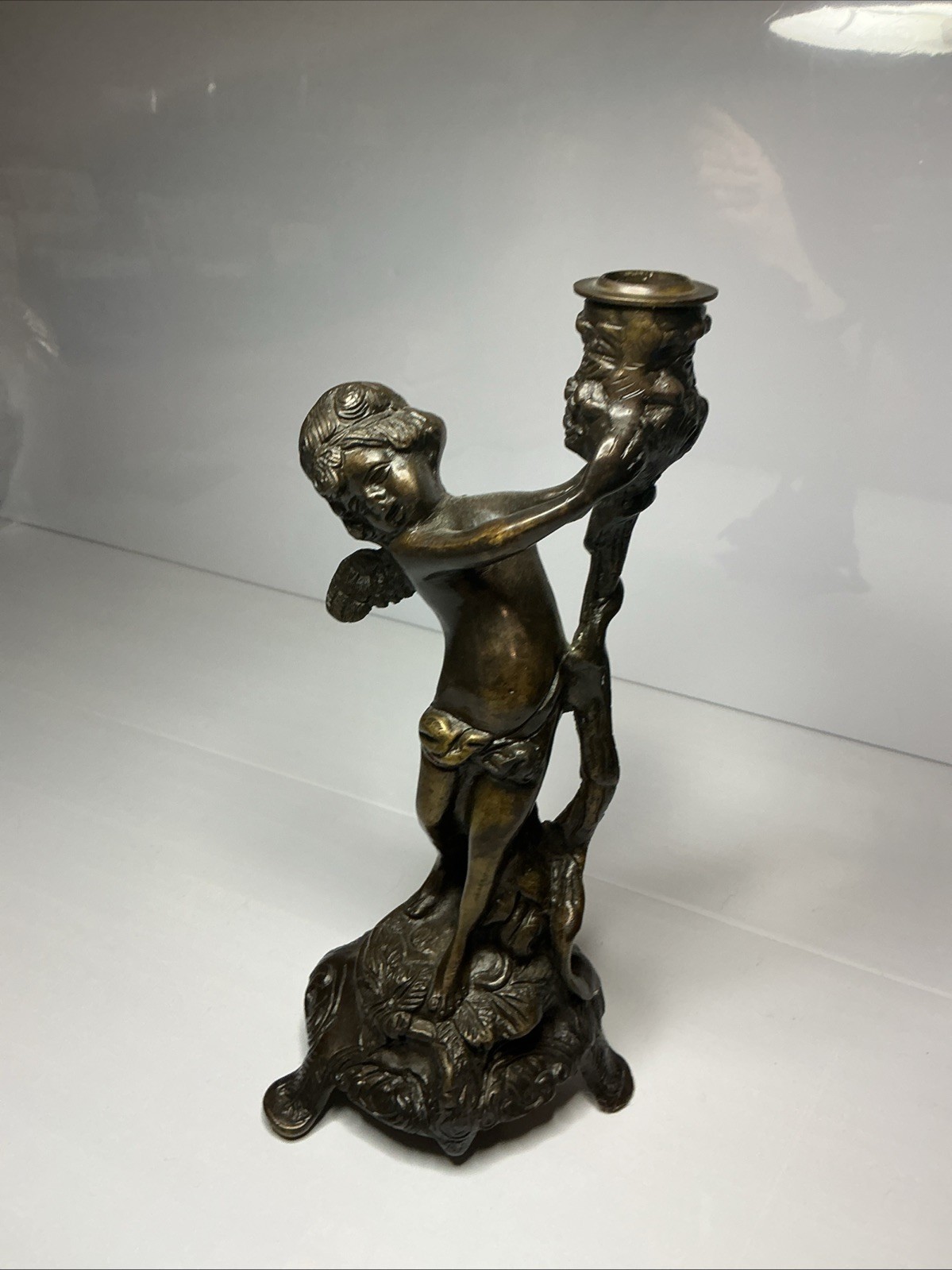 Antique Vintage Cupid CandleHolder Bronze Statue 11”Tall Victorian Edwardian
