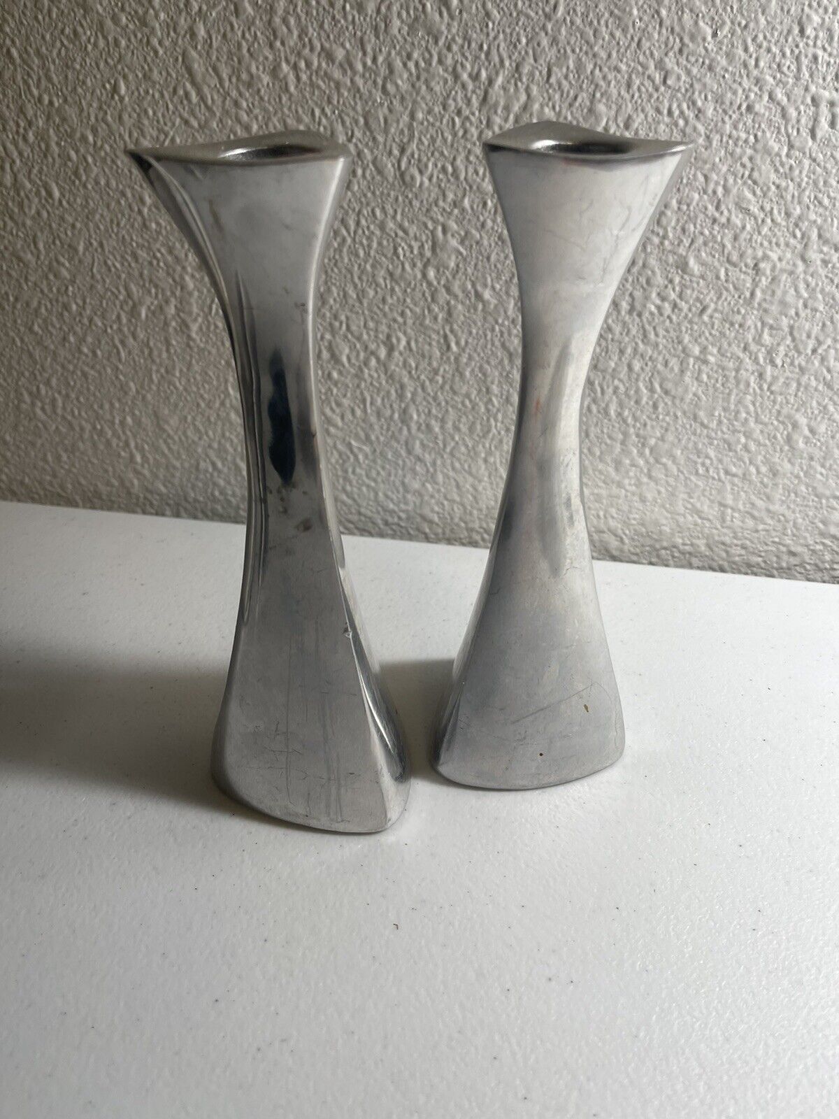 Vintage Set Of 2 Nambe Studio Modernist Aluminum Metal Candleholders #595 #594