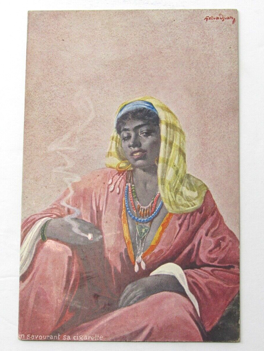 c1907 Armenian Artist Arshak Fetvadjian Art Postcard Woman Cigarette Signed