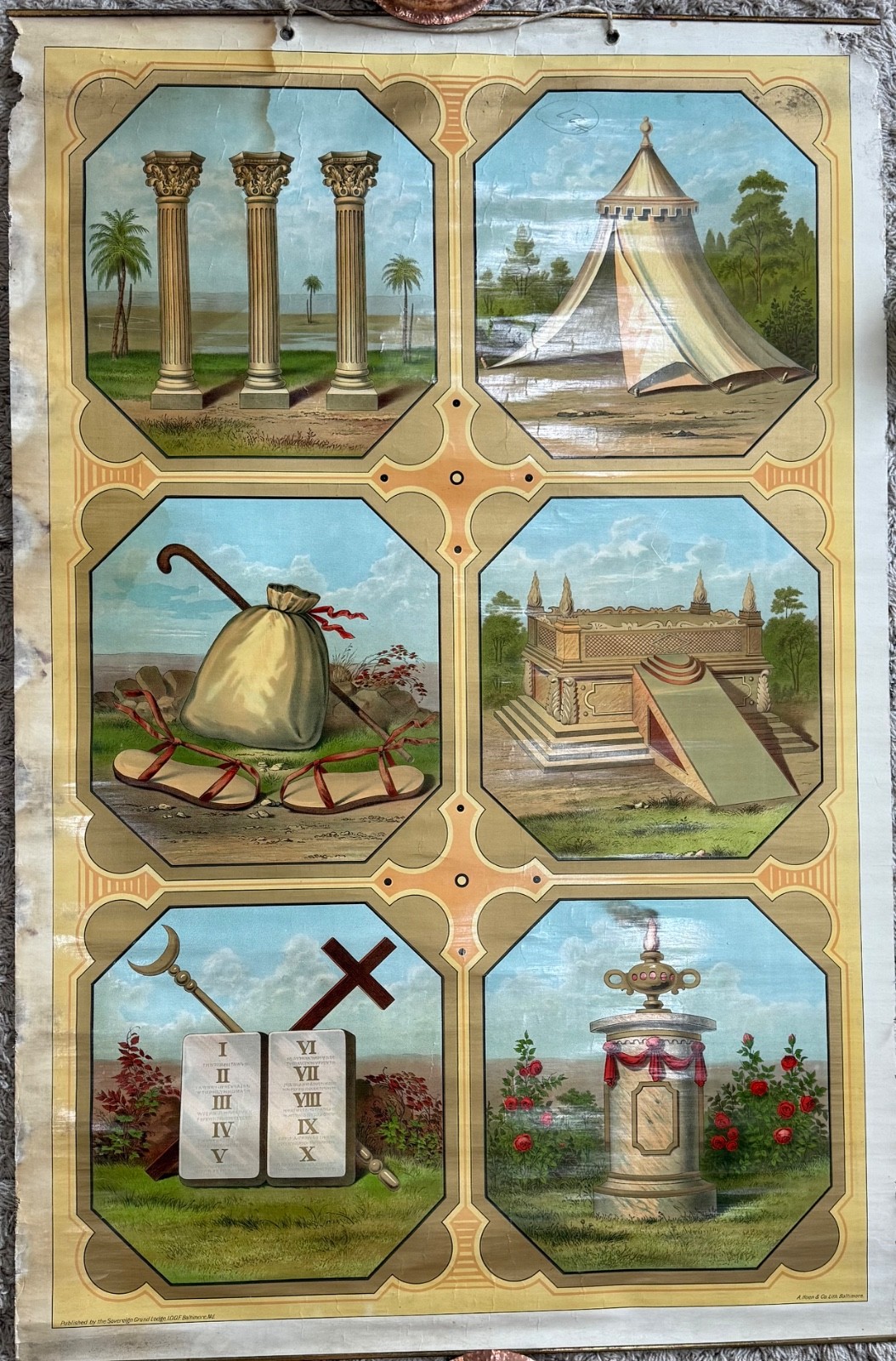 Antique 19th C. IOOF Odd Fellows Encampment Degree Chart Banner Lithograph