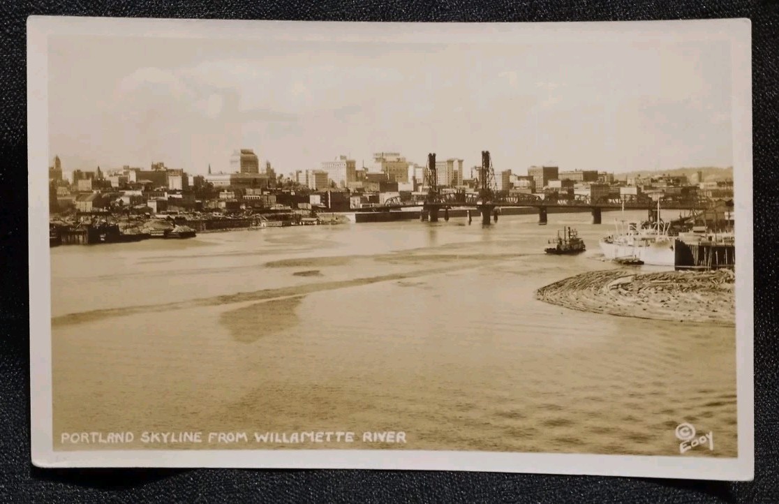 Vintage RPPC 1920s Portland Skyline From Willamette River Postcard Waterfront