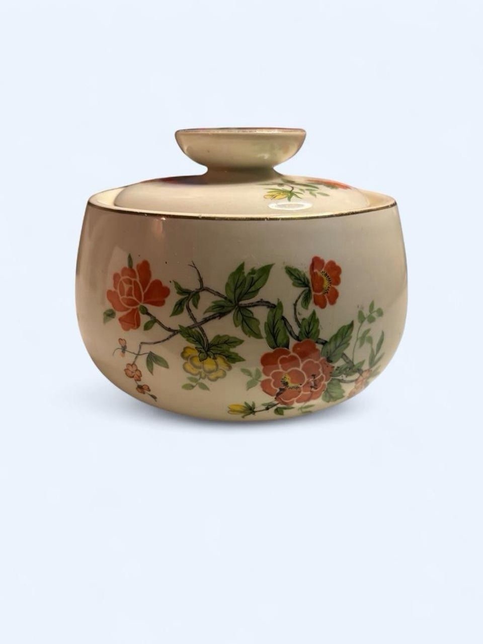 Rhythm by Homer Laughlin Covered Sugar Bowl Floral Gold Trim Vintage China