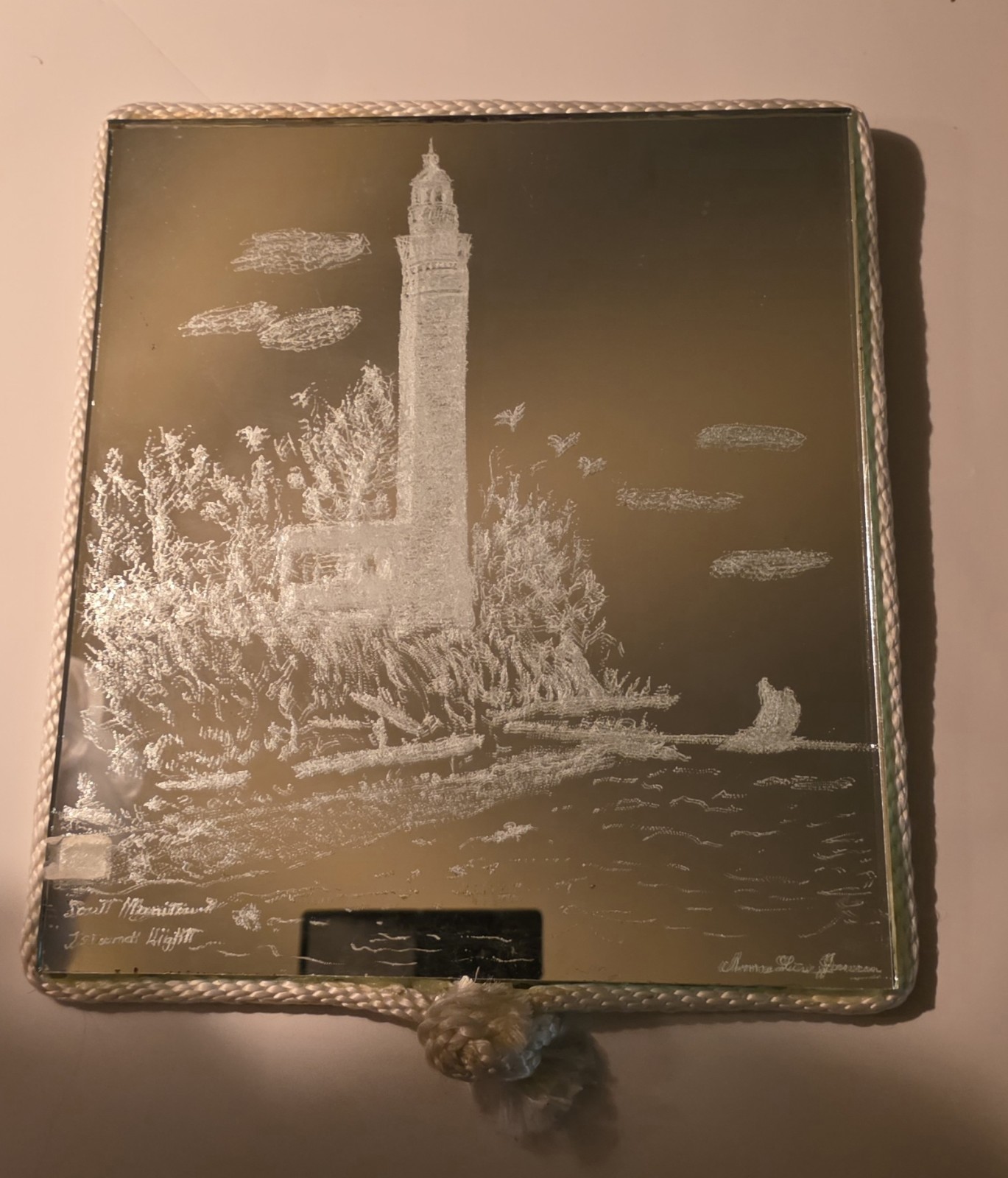 Vtg Hand Made Mirror Art Picture With Rope Frame