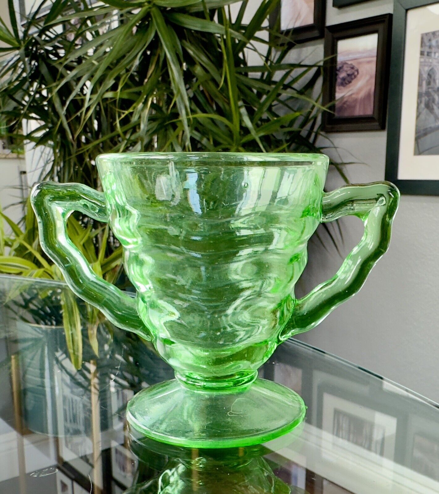 1920s Art Deco Green Uranium Vaseline Glass Sugar Bowl by DC Jenkins Glass EXC
