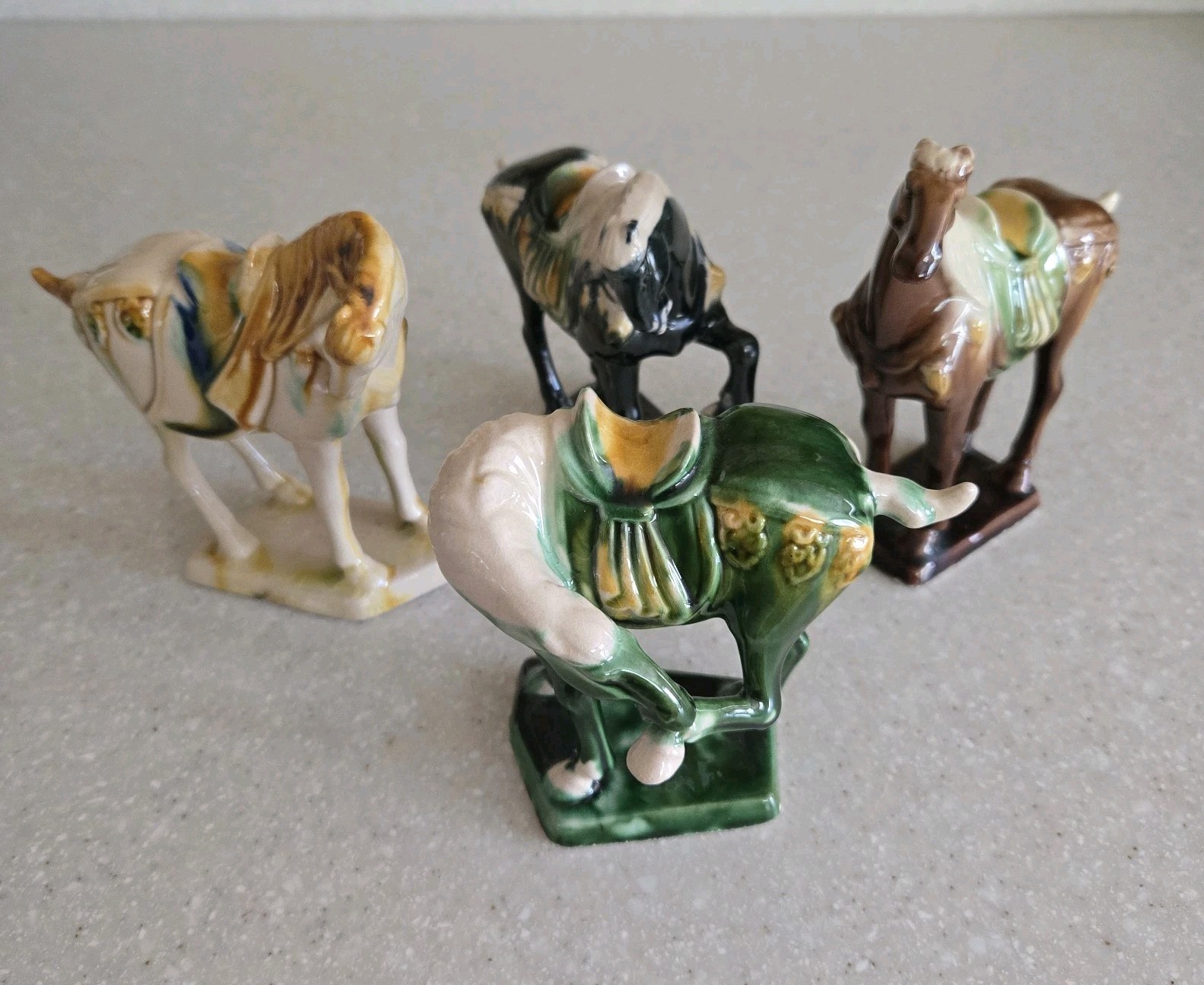 4 VTG Chinese Tang Dynasty Style Majolica Sancai Drip Glaze War Horse Figurines