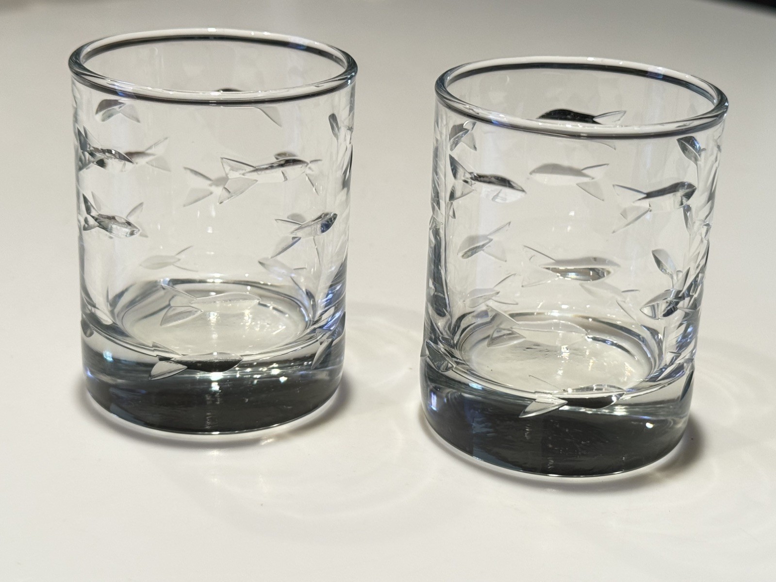 SET/2 Rolf Glass Engraved School of Fish Votives Candle Holders Shot Glasses EUC
