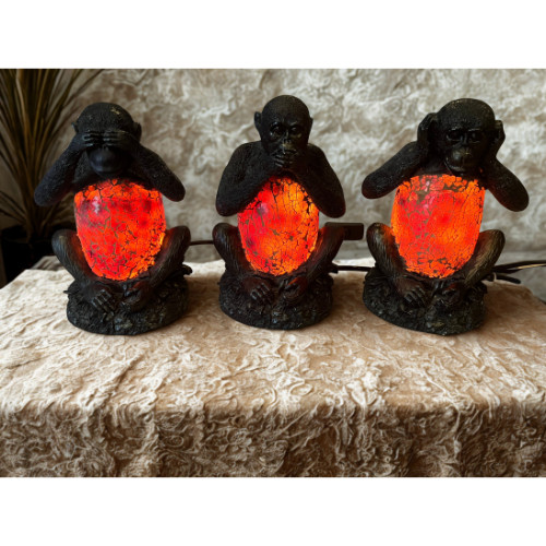 3 Wise Monkeys Lighted Accent Lamps Set See Hear Speak No Evil Mosaic Glass
