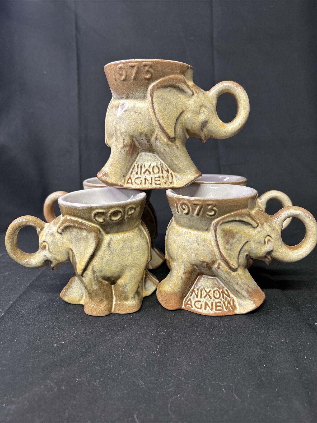 Vintage Frankoma Republican GOP Mugs Elephant Mugs 1973 Nixon Agnew Set Of 5