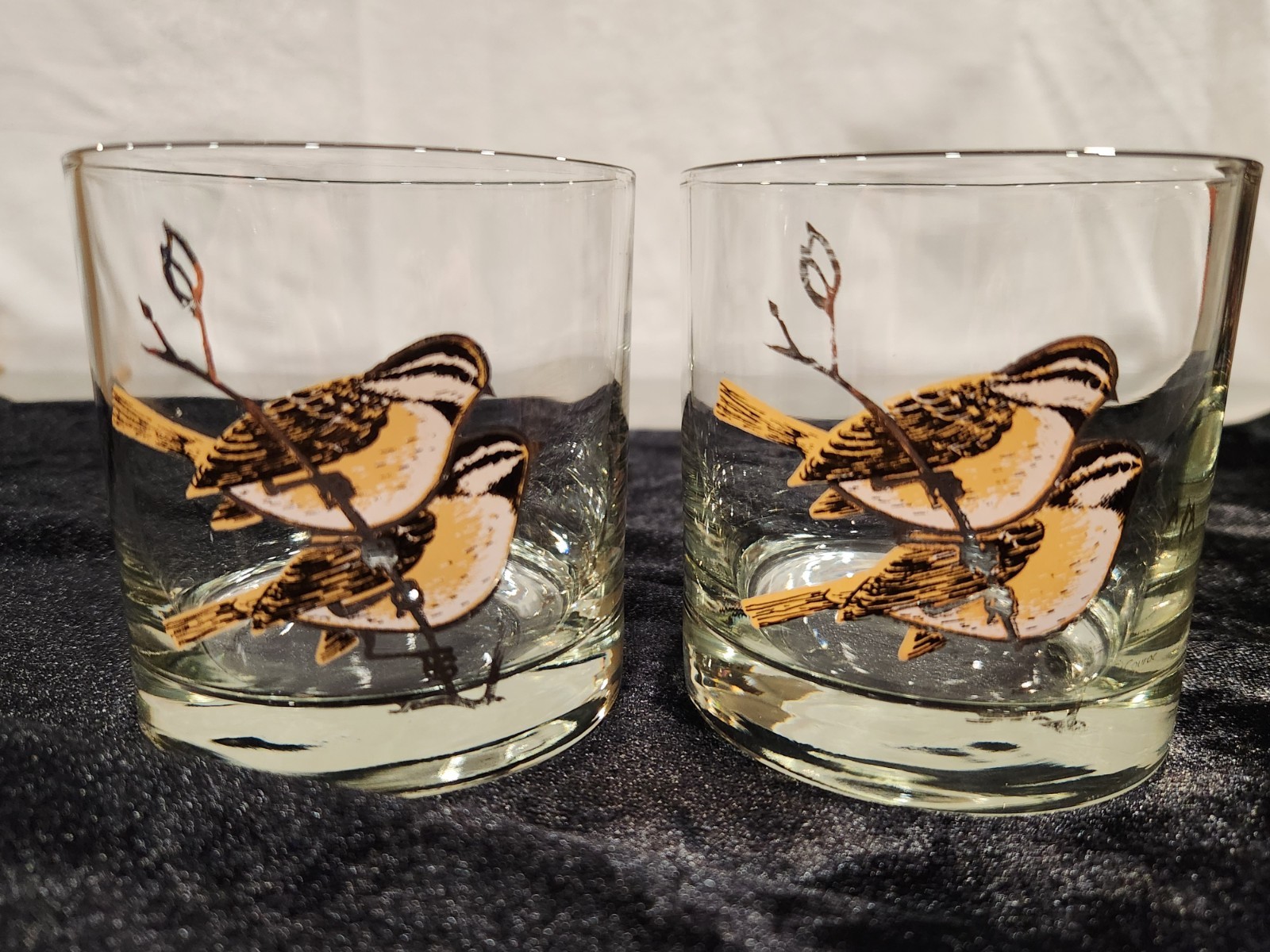 Vintage Couroc Chickadee Lowball Glasses Set of 2 Mid Century Gold Rocks, Signed