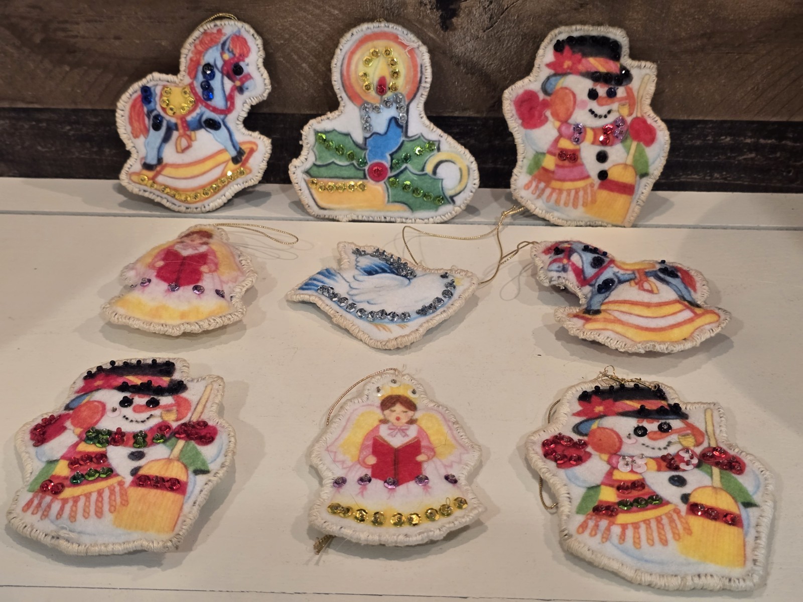 VTG Bucilla? Felt Sequined Christmas Ornaments Snowman Dove Angel Candle Horse 9