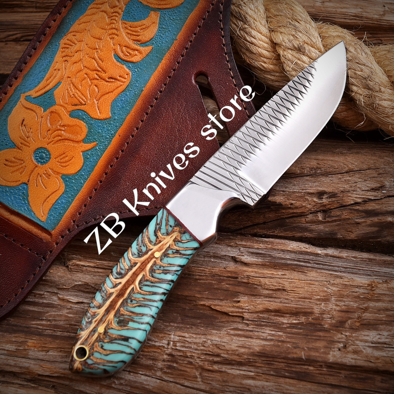 Handmade Rasp Steel Cowboy Belt Knife Pine Cone Handle, Pancake Leather Sheath