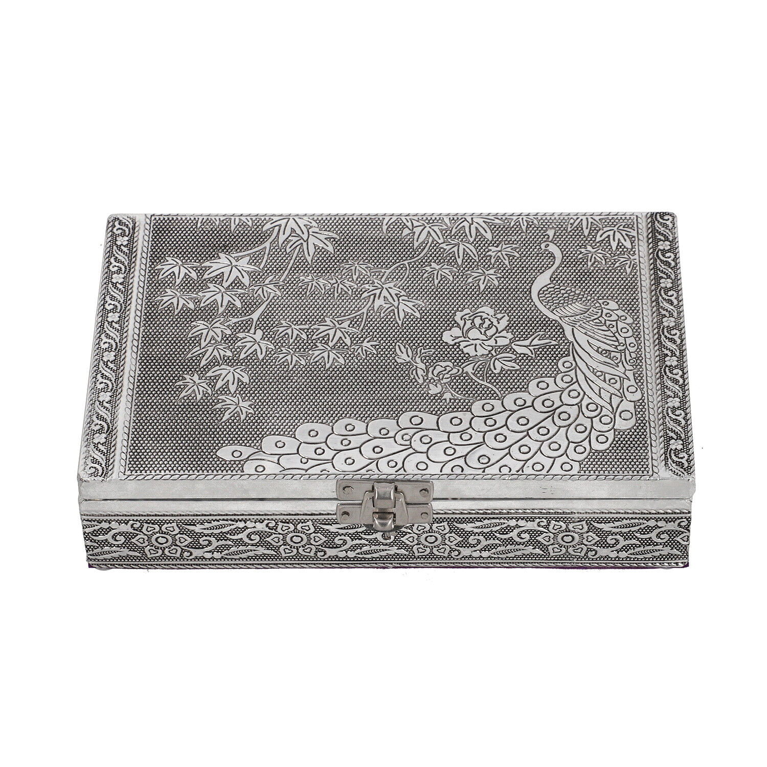 Aluminum Oxidized Peacock Pattern Storage Jewelry Box with Anti Scratch Interior