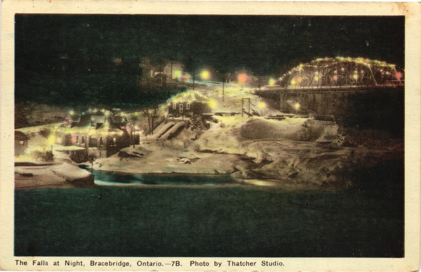 Bracebridge Ontario Falls at Night Bridge Lights Antique Postcard